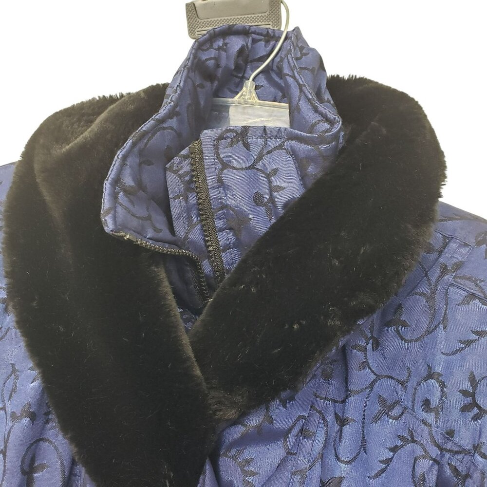 Vintage Nils Down Fill Ski Jacket Winter Coat Fur Trim Blue Jacquard Print Retro - Picture 16 of 16